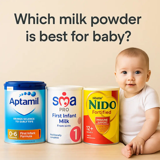 Aptamil, SMA, and NIDO milk powders placed next to a baby with the text Which milk powder is best for baby?