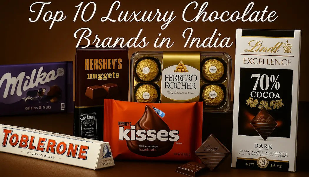 Top 10 Luxury Chocolate Brands in India – Featuring Lindt, Toblerone, Ferrero Rocher, Hershey’s, and Milka in a premium product display