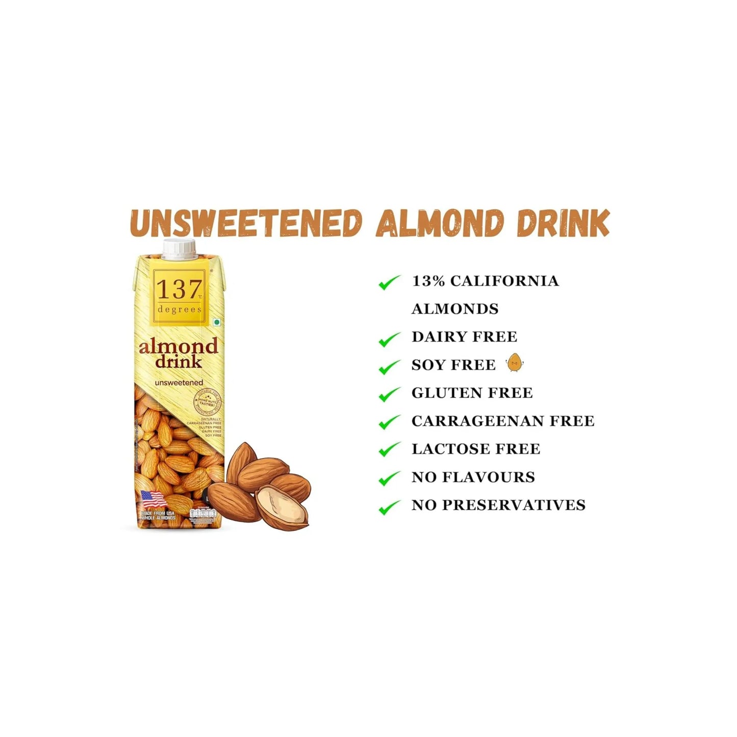 137 Degrees Almond Drink Unsweetened – 1 Litre (Pack of 5)