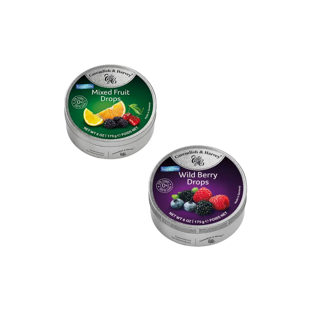 Cavendish & Harvey Sugar Free Mixed Fruit & Wild Berry Drops 175g Combo Pack – Diabetic-Friendly, Low-Calorie Hard Candy in Tin
