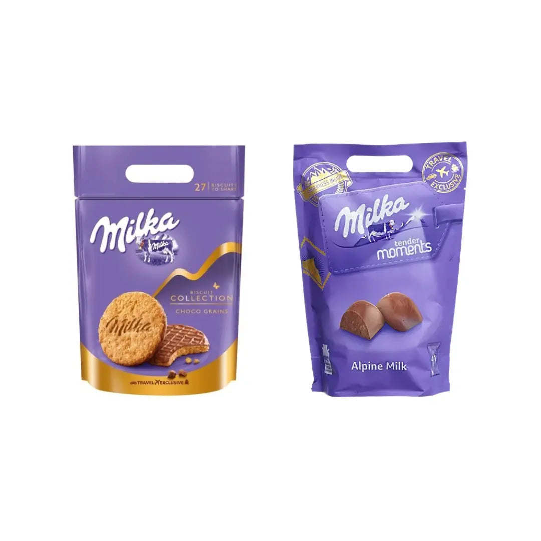 Milka Biscuits Grains Biscuits Collection 378g + Milka Alpine Milk Chocolate 405g Combo Pack