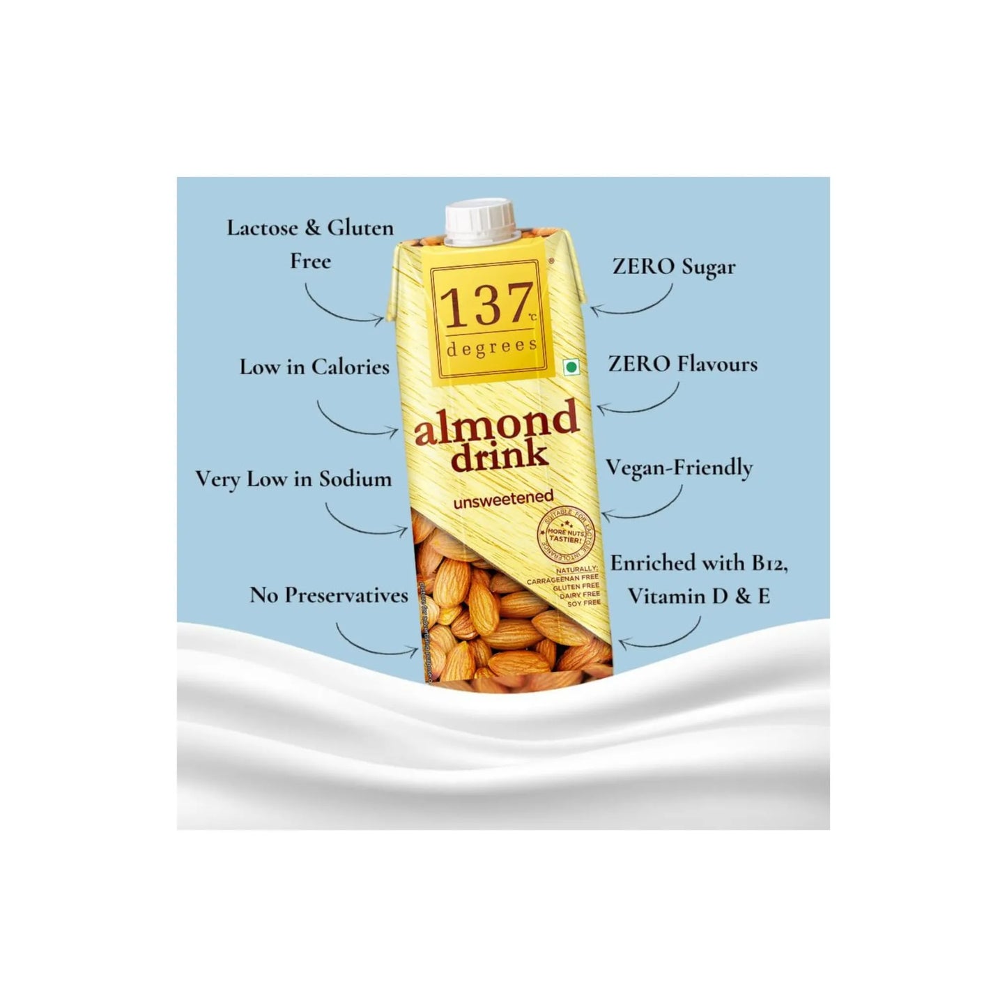137 Degrees Almond Drink Unsweetened – 1 Litre (Pack of 5)