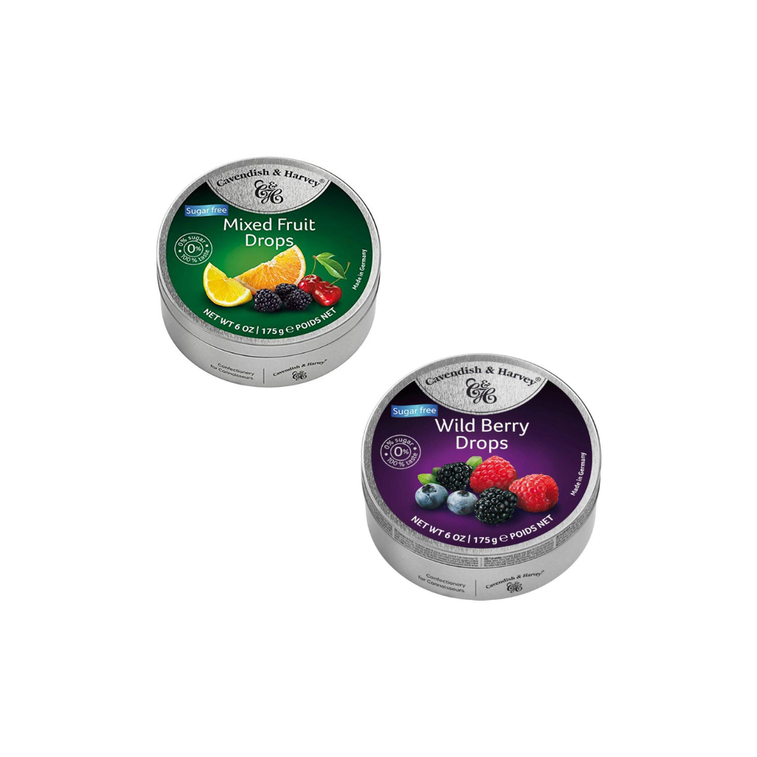 Cavendish & Harvey Sugar Free Mixed Fruit & Wild Berry Drops 175g Combo Pack – Diabetic-Friendly, Low-Calorie Hard Candy in Tin