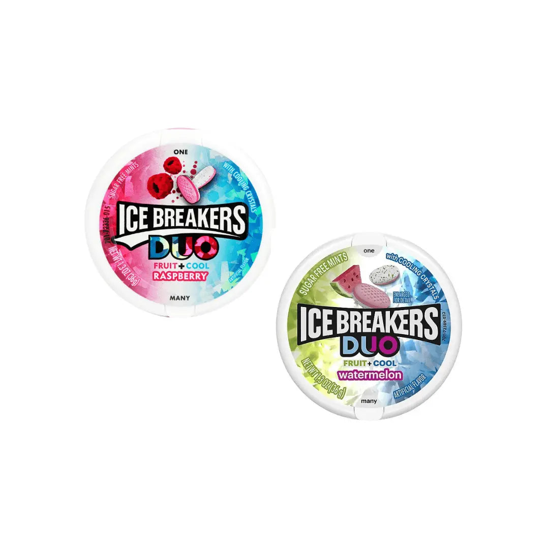 Ice Breakers Duo Fruit, Cool Mints, Raspberry, 36G + Ice Breakers Duo Watermelon Sugar Free Mint Candies, 37g (Combo Pack) luckystore