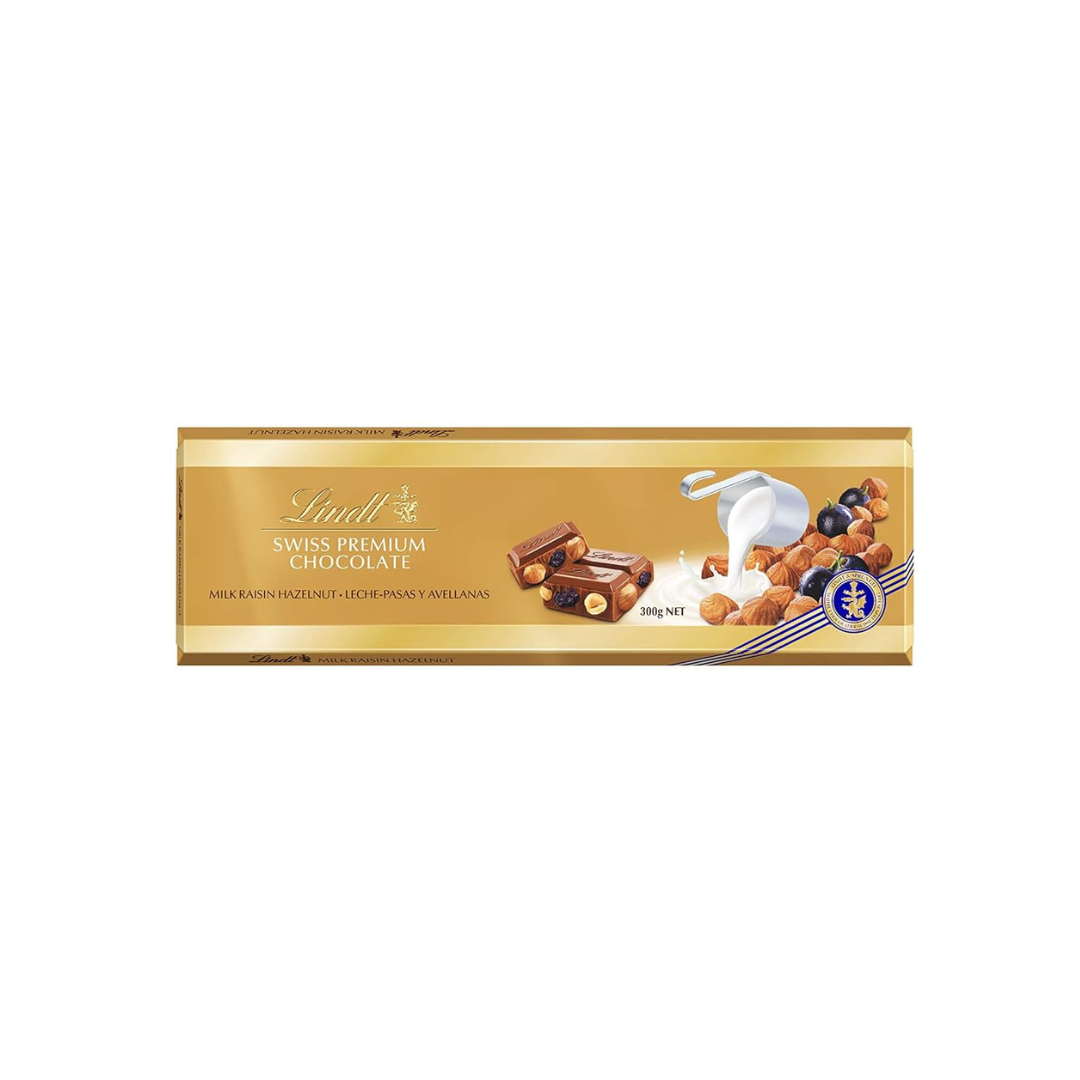 Lindt Swiss Premium Gold Milk Chocolate with Hazelnuts and Raisins Bar, 300g