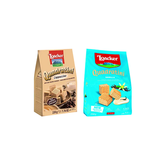Loacker Quadratini Cappucino Wafers 220g + Loacker Quadratini Vanilla Wafers 250g (Combo Pack)