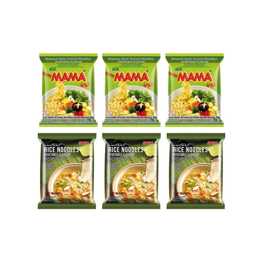 Mama Vegetable Instant Noodles 60g (Pack of 3) + Mama Instant Rice Noodles Gluten Free 55g (Pack of 3)