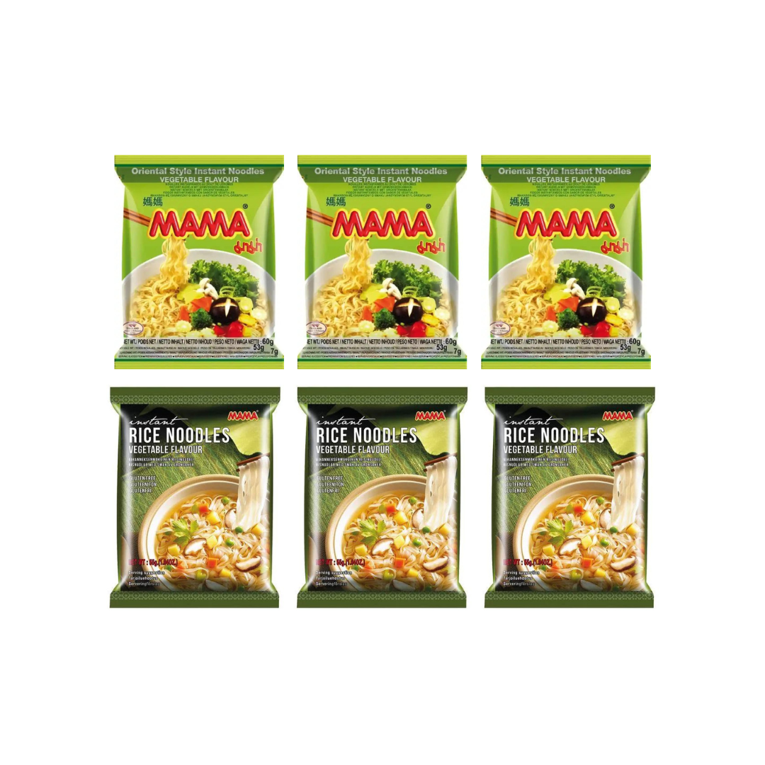 Mama Vegetable Instant Noodles 60g (Pack of 3) + Mama Instant Rice Noodles Gluten Free 55g (Pack of 3)