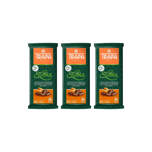 Trapa Milk Chocolate and Almonds Bar with Stevia 75g (Pack of 3)