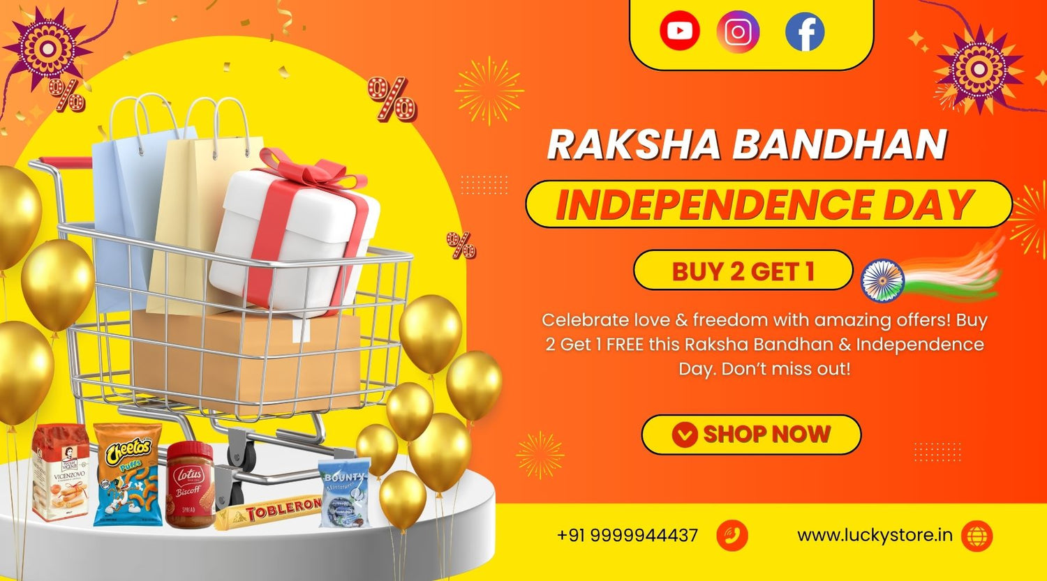 Raksha Bandhan & Independence Day Sale Banner – Buy 2 Get 1 Free on selected products at LuckyStore.in. Limited time offer!