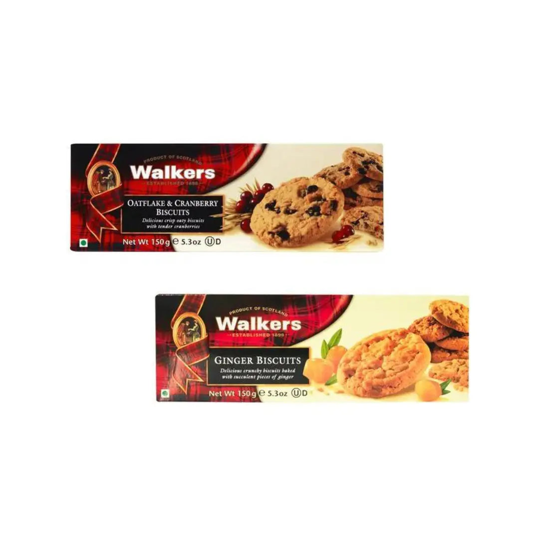 Walkers Oat Flakes & Cranberry Biscuits 150G + Walkers Ginger Biscuits Imported Cokies Biscotti 150g (Combo Pack)