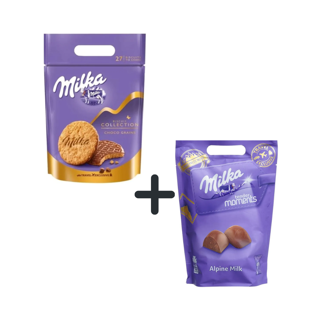 luckystore Biscuits & Cookies Milka Biscuit Collection Choco Grains, 37g + Milka Alpine Milk Chocolate 405g (Combo Pack)