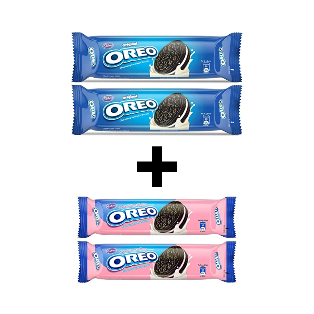luckystore oreo Biscuits & Cookies  > New Arrivals OREO Original  Biscuits Cream Sandwich  (120 g) (Pack of 2) + Oreo Strawberry Biscuits Cream Filled (120 g) (Pack of 2)
