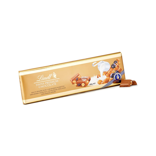 Buy Lindt Swiss Premium Gold Milk Chocolate with Hazelnuts and Raisins Bar