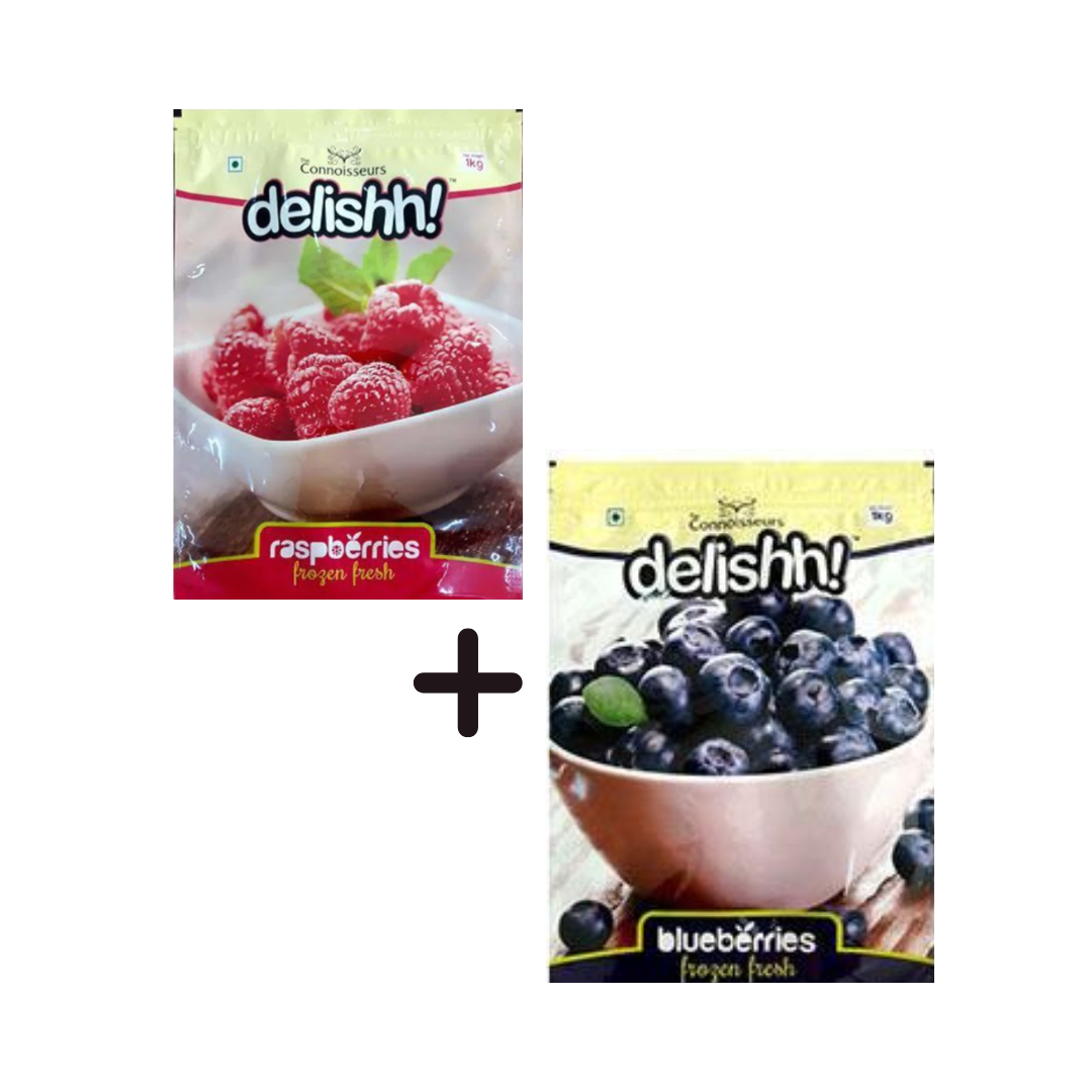 Delishh Frozen Raspberries, 1kg + Delishh Frozen Blueberries, 1kg (Combo Pack)