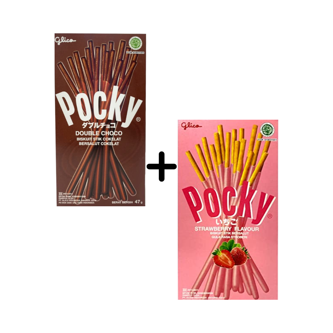 Glico Pocky Double Choco sticks + Glico Pocky Strawberry Flavour Sticks.