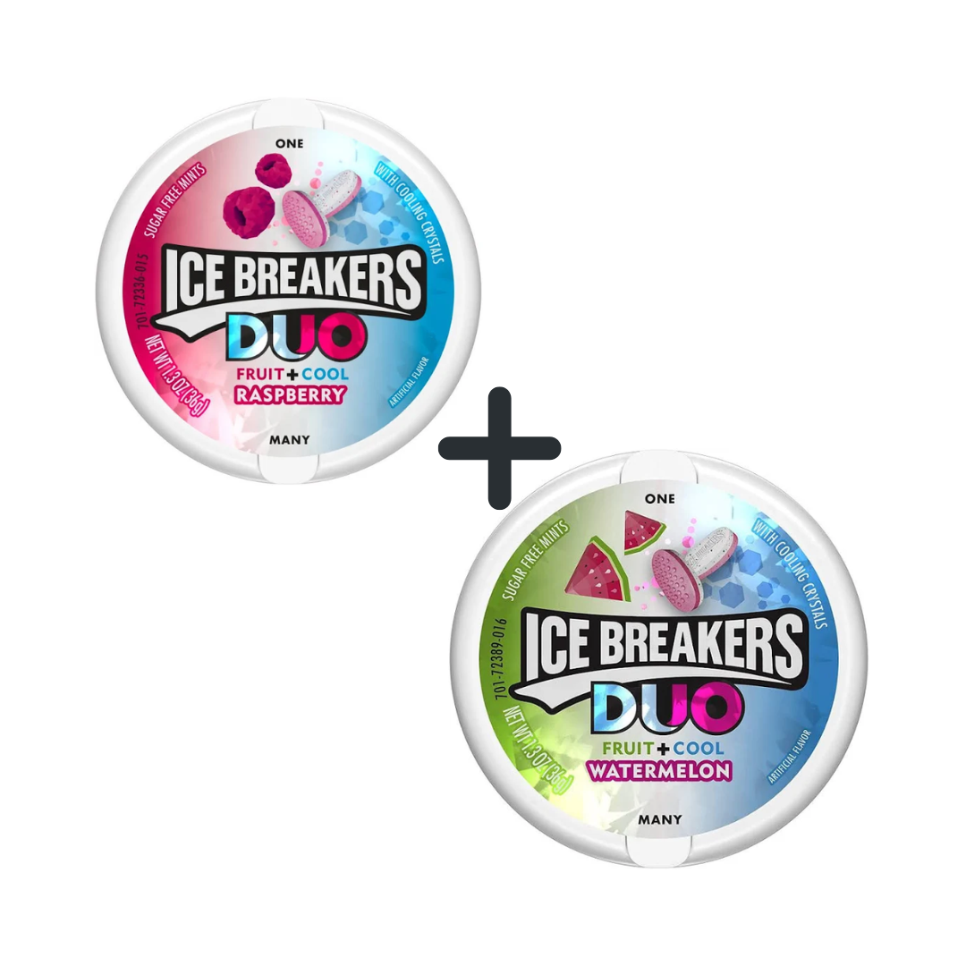 Ice Breakers Duo Fruit + Cool Raspberry Sugar Free Mint Candy, 36 g + Ice Breaker Duo Fruit + Cool Watermelon Sugar Free Mint Candy, 37g (Combo Pack)