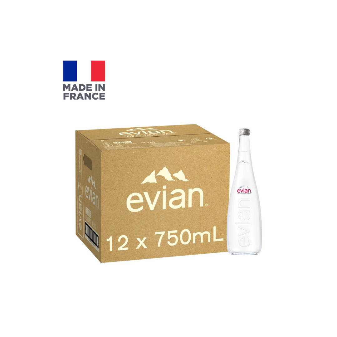 luckystore > imported natural water > Evian Natural Mineral Spring Glass Water Bottle, 12 x 750 ml